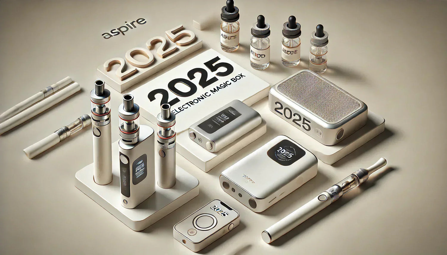 多款熱門電子煙主機並排展示，包含 Aspire、DOTMOD、東京魔盒等品牌，背景為霧氣與米色桌面，呈現科技感與潮流風格